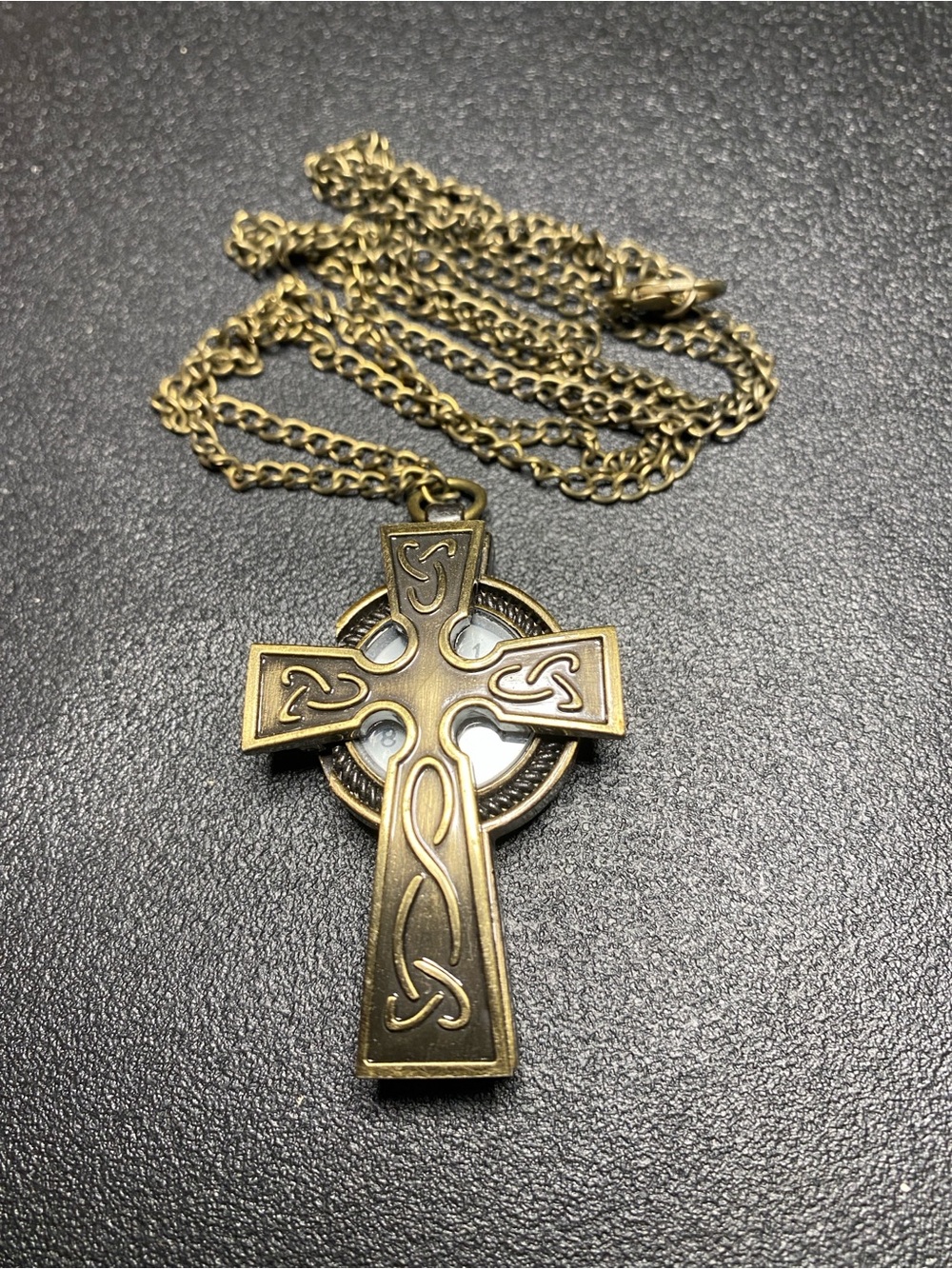 Bronze-tone Celtic Cross Flip-Top Pendant Quartz Watch Necklace